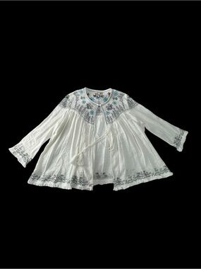 Velzera White Top with Teal and Brown Floral Embroidery